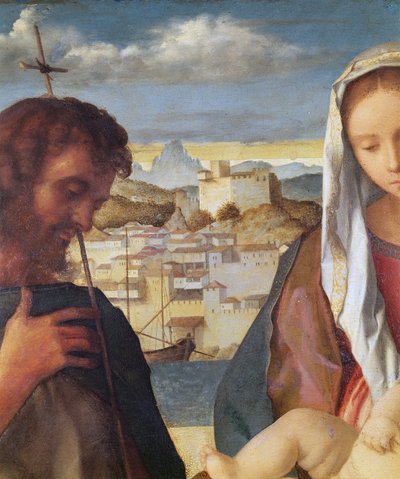 Madonna mit Kind und Johannes dem Täufer und einem Heiligen, Detail der Stadt am Wasser im Hintergrund, ca. 1504 (Detail) von Giovanni Bellini